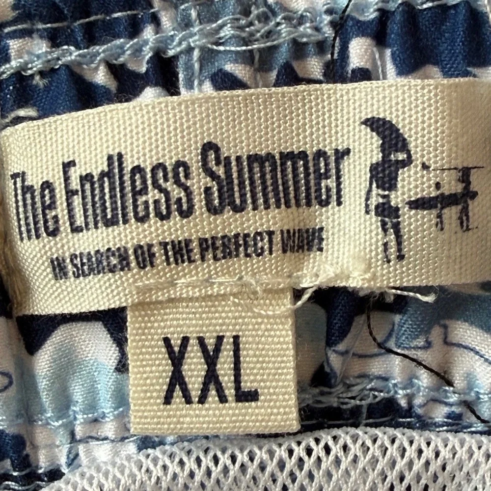 The Endless Summer Men Blue Shark Print Swim Trunks XXL Elastic Waist 6in Inseam